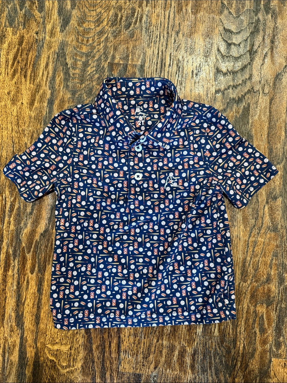 Rhoback Navy Polo with Red & White Baseball Print